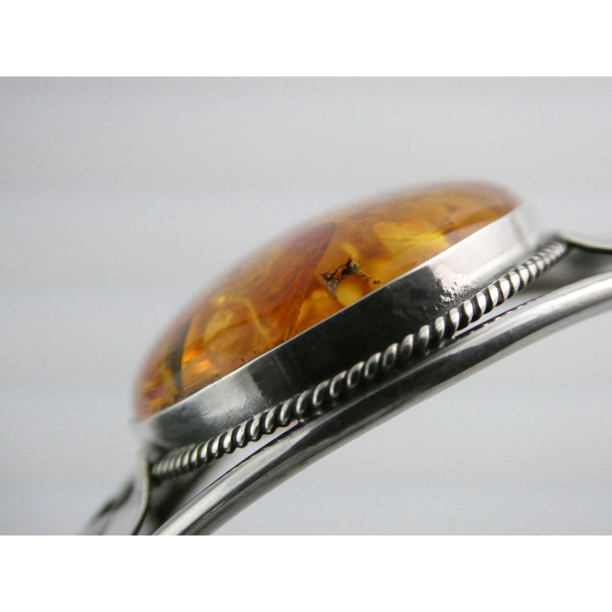 Sterling Silver Amber Cabochon Leaves Openwork Design Cuff Bracelet 7.5 Inches