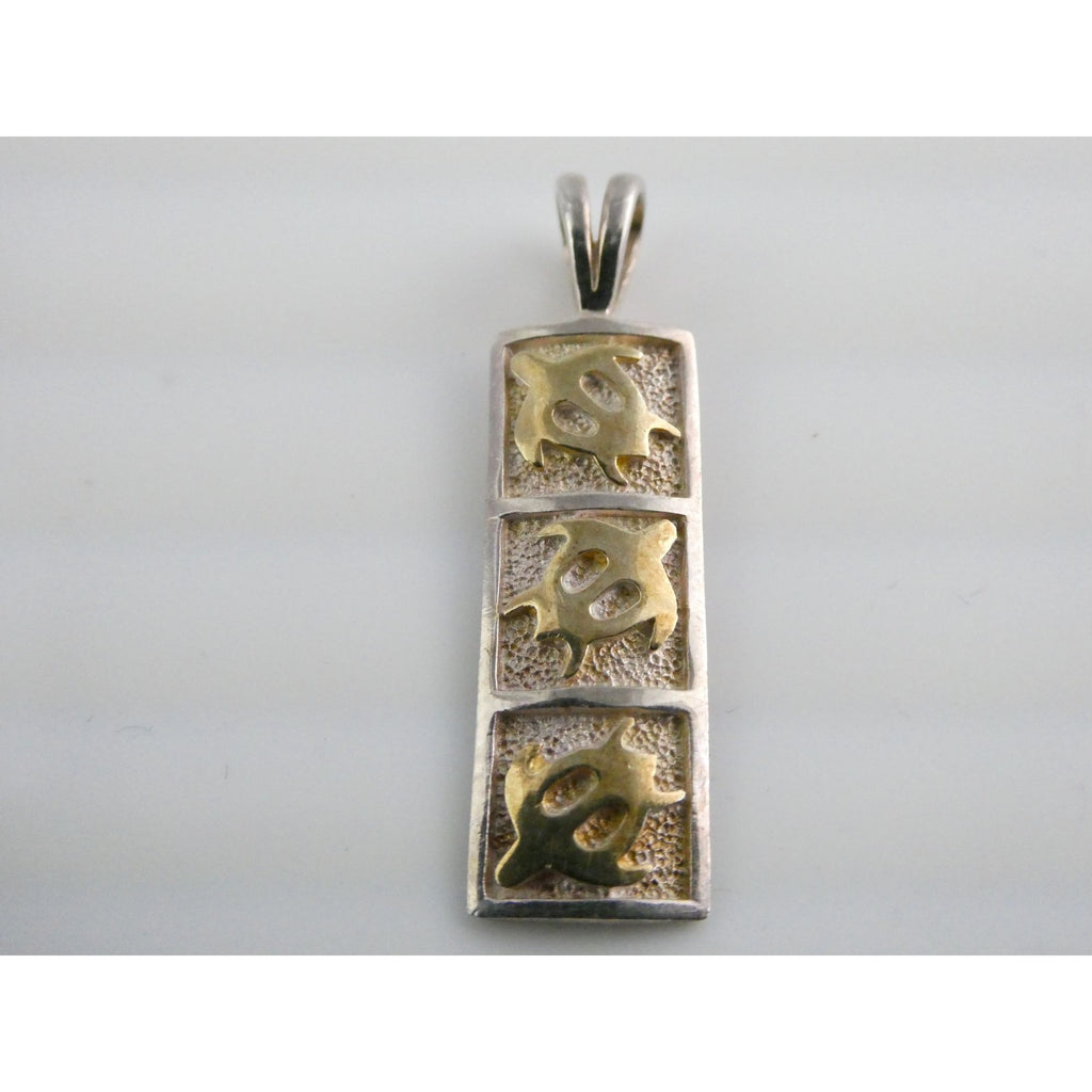 Sterling Silver Two Toned Yellow Hawaiian Triple Sea Turtle Quilt Pendant 37mm