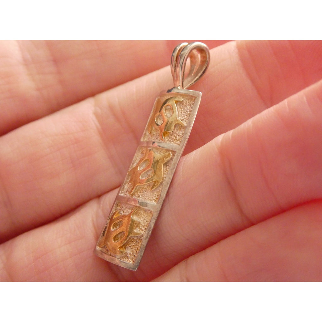 Sterling Silver Two Toned Yellow Hawaiian Triple Sea Turtle Quilt Pendant 37mm