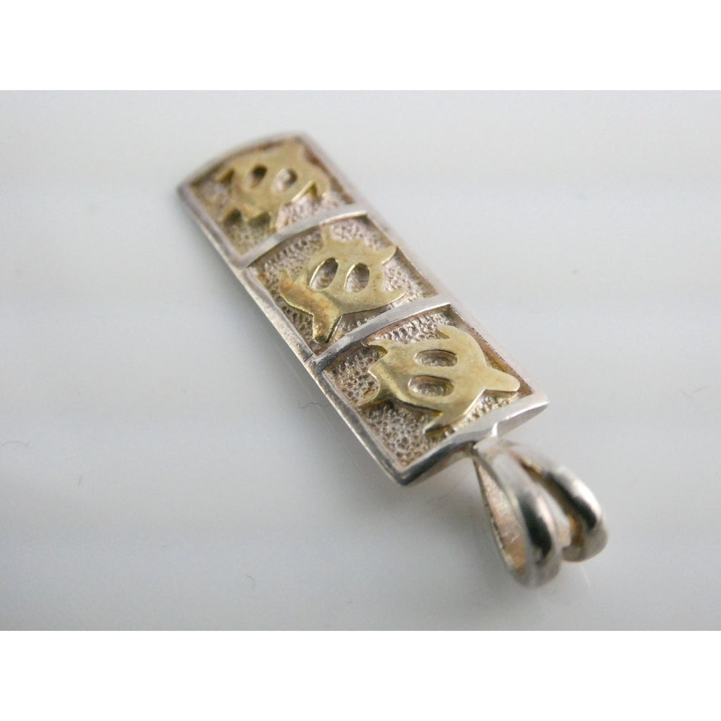 Sterling Silver Two Toned Yellow Hawaiian Triple Sea Turtle Quilt Pendant 37mm