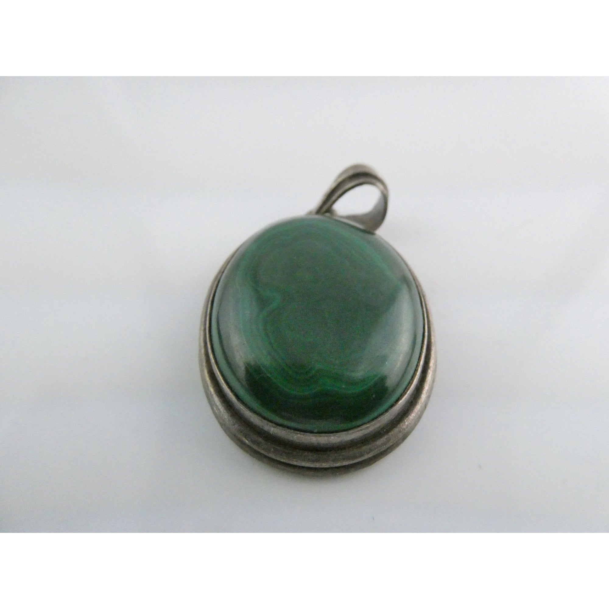 Sterling Silver Malachite Oval Cabochon Pendant 17g 45mm Total Length