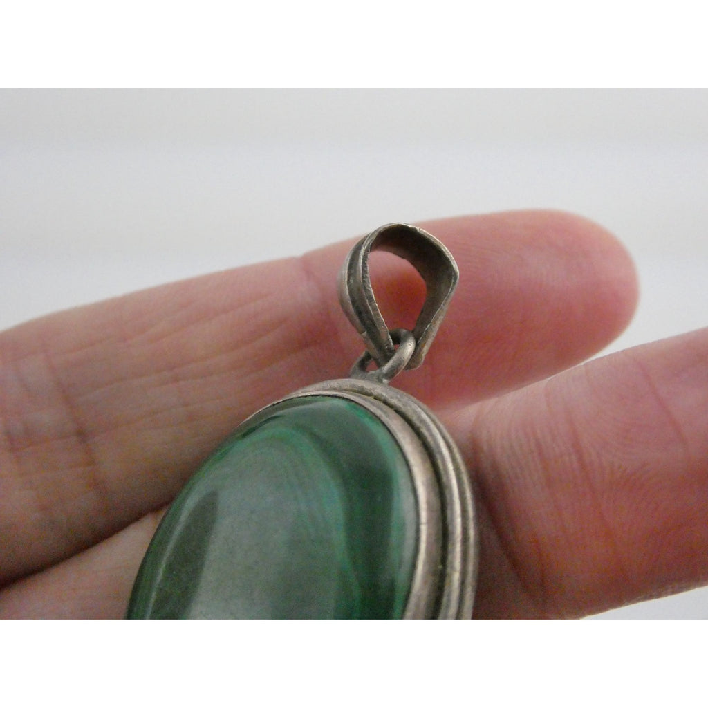 Sterling Silver Malachite Oval Cabochon Pendant 17g 45mm Total Length