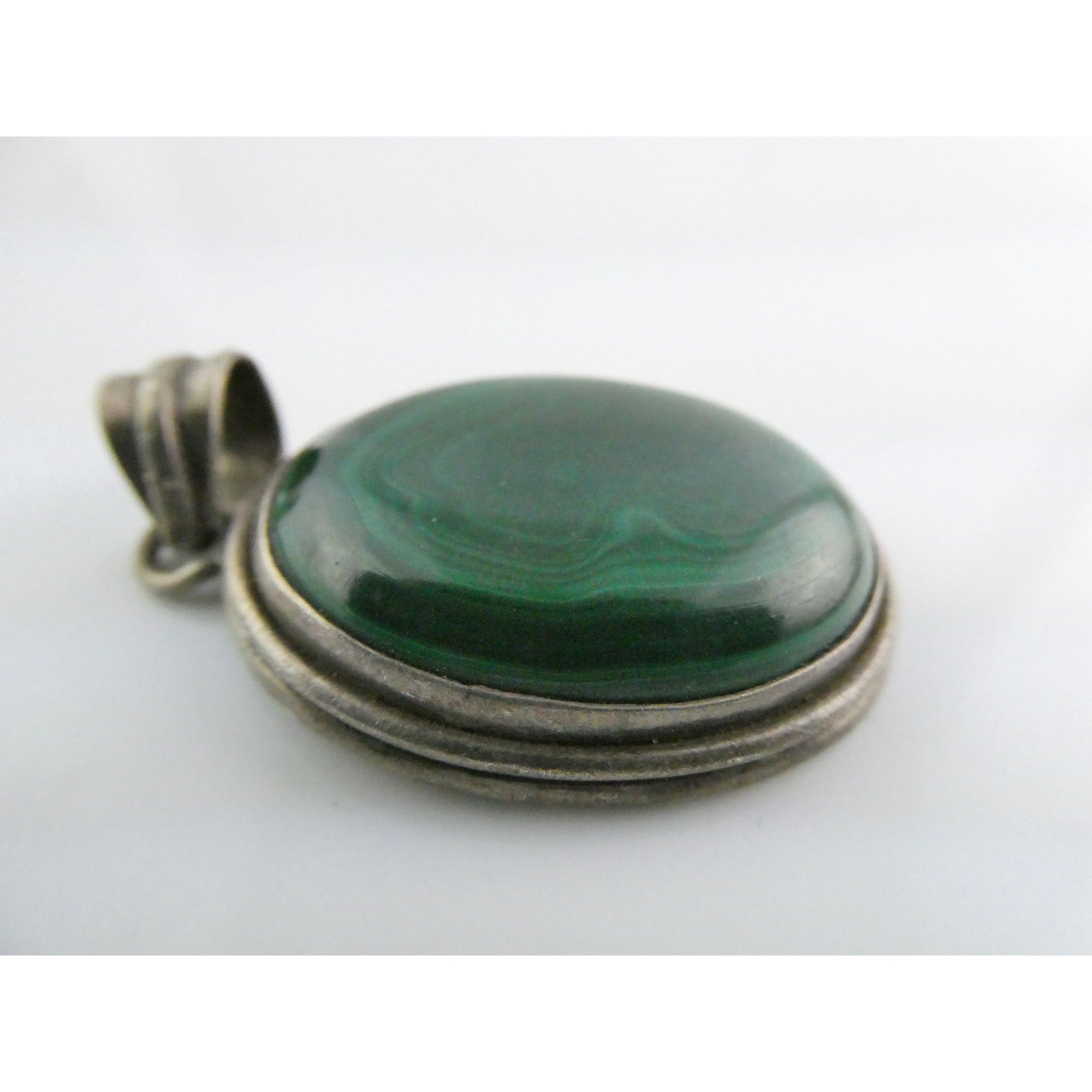 Sterling Silver Malachite Oval Cabochon Pendant 17g 45mm Total Length