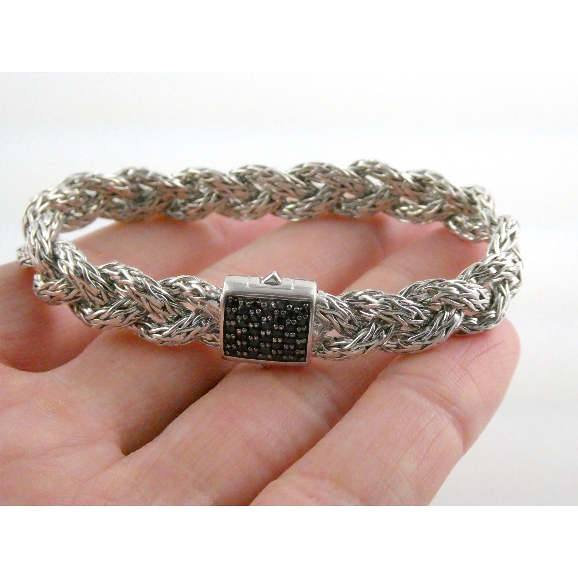John Hardy Sterling Silver Chain Bracelet with Black Sapphire Studded Clasp 7 In