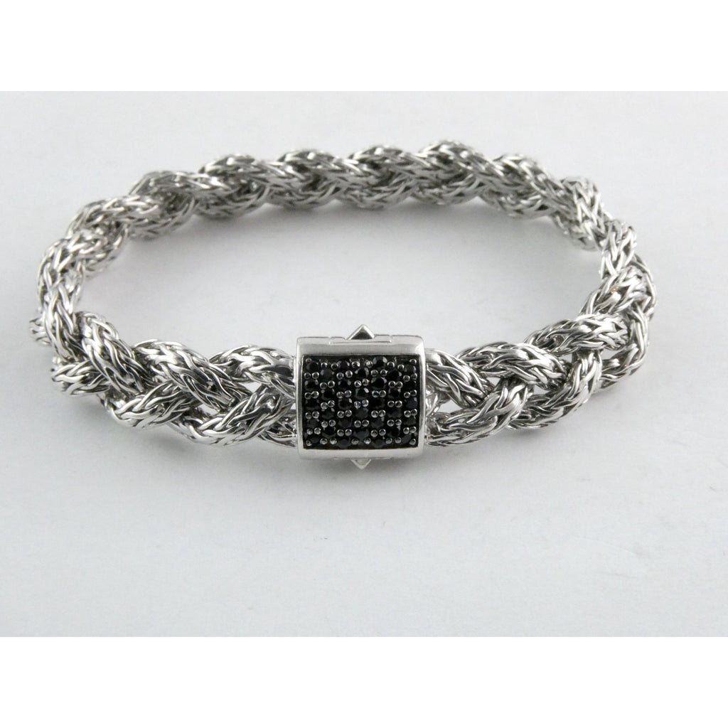John Hardy Sterling Silver Chain Bracelet with Black Sapphire Studded Clasp 7 In