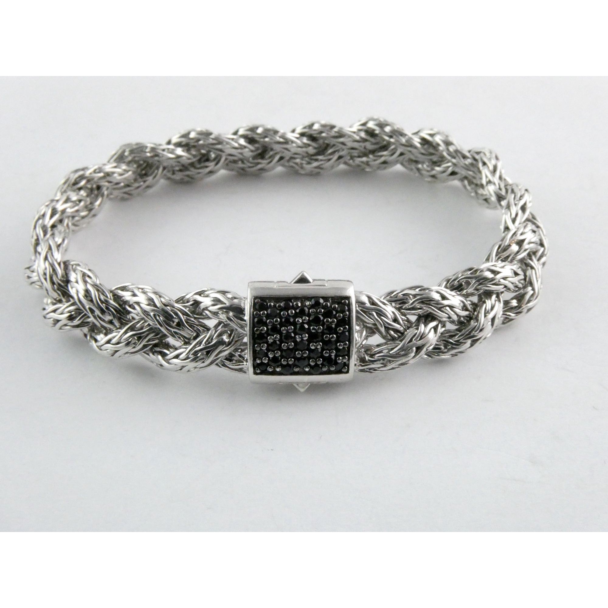 John Hardy Sterling Silver Chain Bracelet with Black Sapphire Studded Clasp 7 In