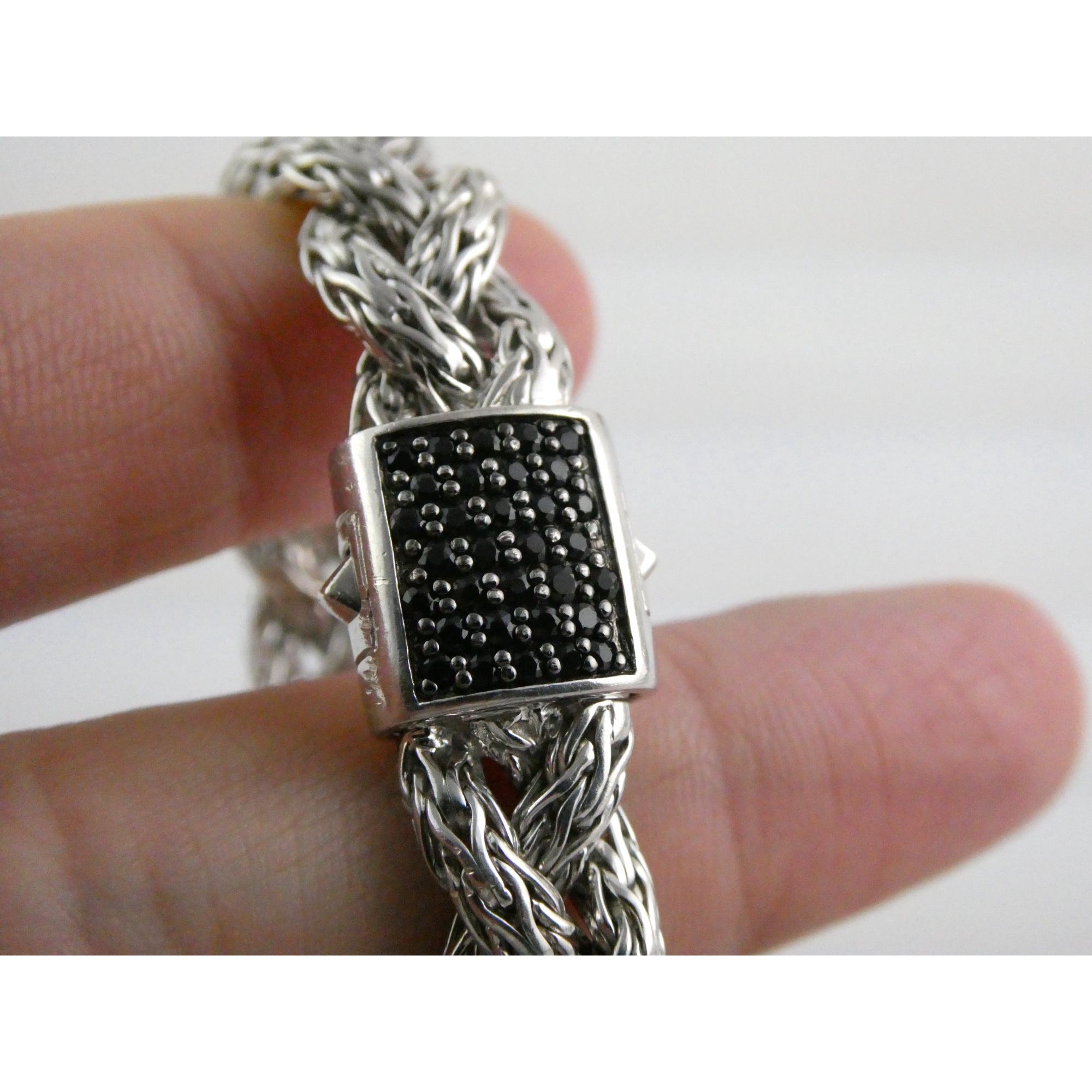 John Hardy Sterling Silver Chain Bracelet with Black Sapphire Studded Clasp 7 In