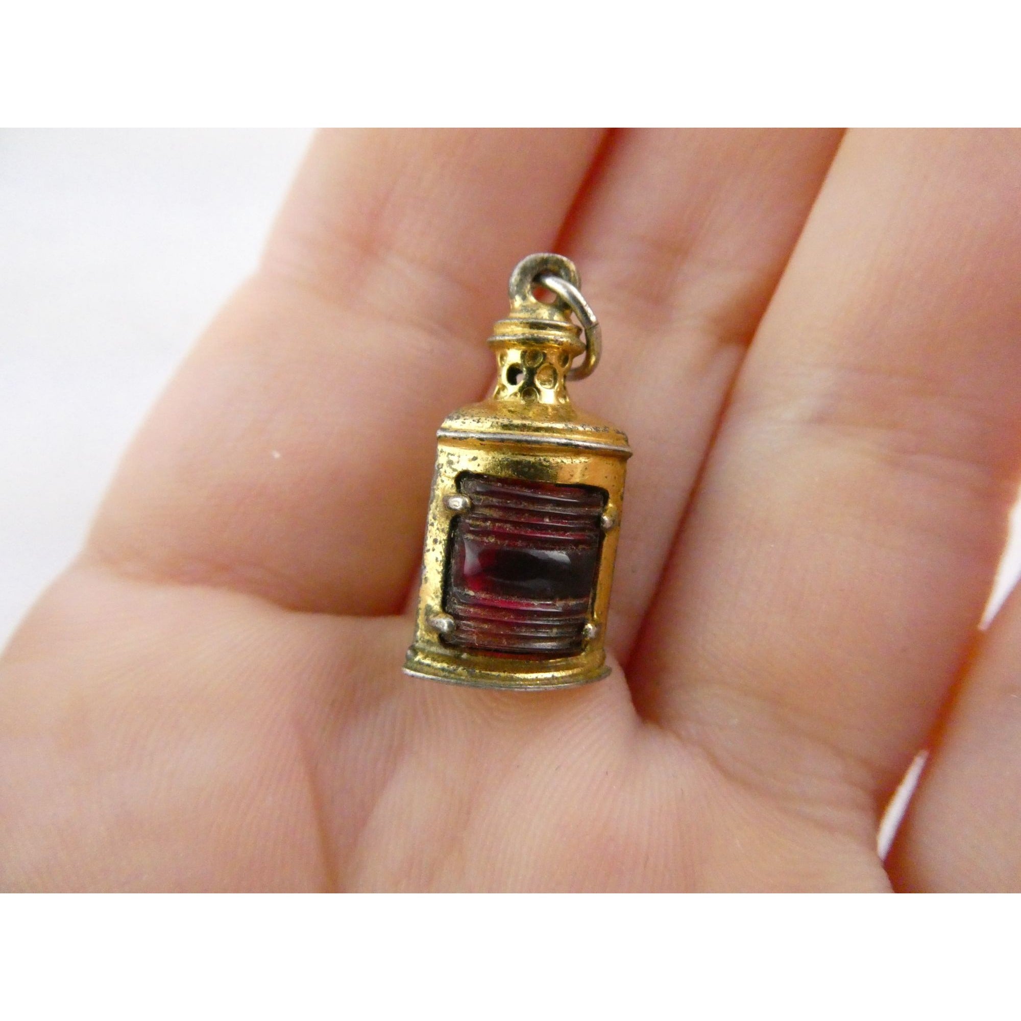 Vtg Beau Gilt Sterling Silver Red Glass Nautical Lantern Charm Seahorse Pendant