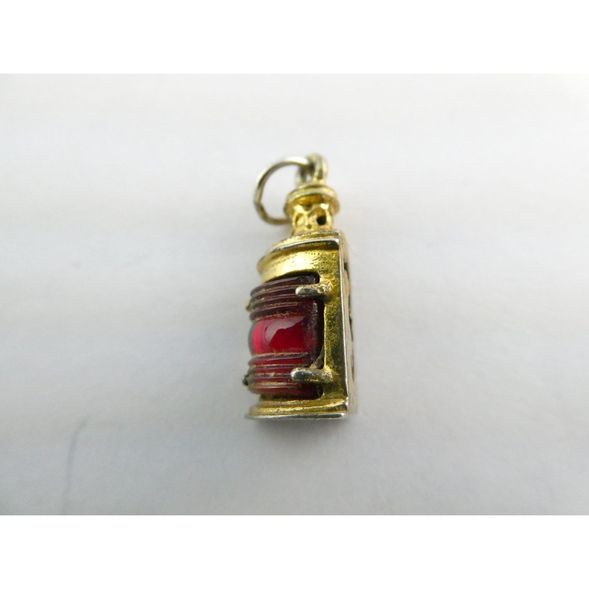 Vtg Beau Gilt Sterling Silver Red Glass Nautical Lantern Charm Seahorse Pendant