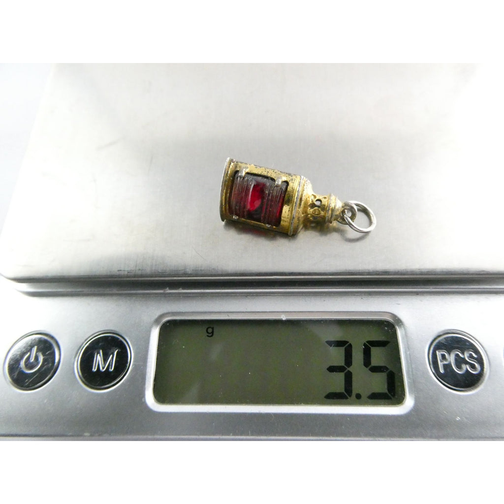 Vtg Beau Gilt Sterling Silver Red Glass Nautical Lantern Charm Seahorse Pendant