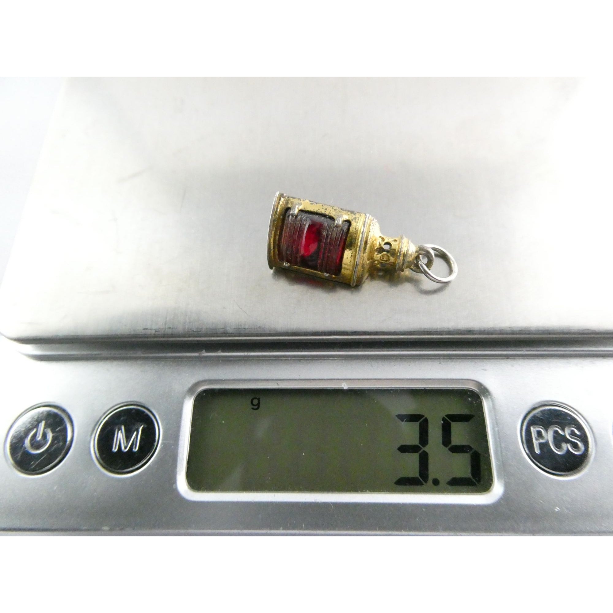 Vtg Beau Gilt Sterling Silver Red Glass Nautical Lantern Charm Seahorse Pendant
