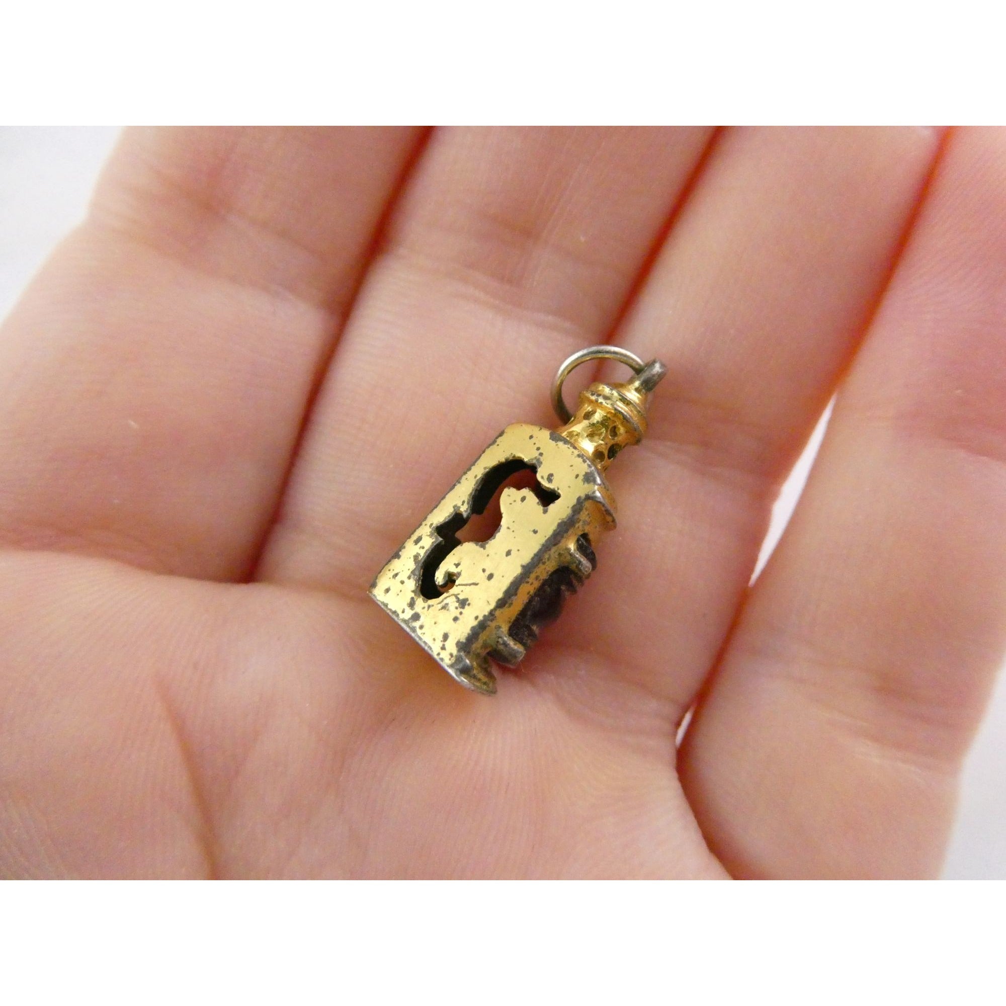 Vtg Beau Gilt Sterling Silver Red Glass Nautical Lantern Charm Seahorse Pendant