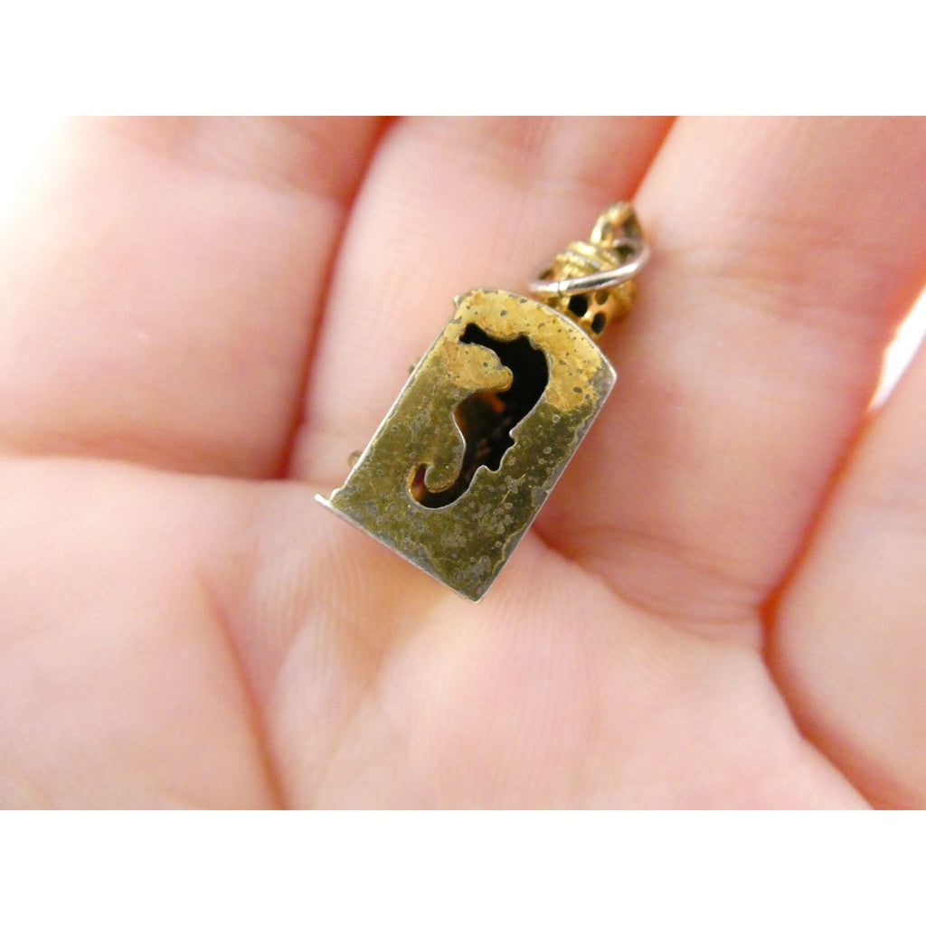 Vtg Beau Gilt Sterling Silver Red Glass Nautical Lantern Charm Seahorse Pendant