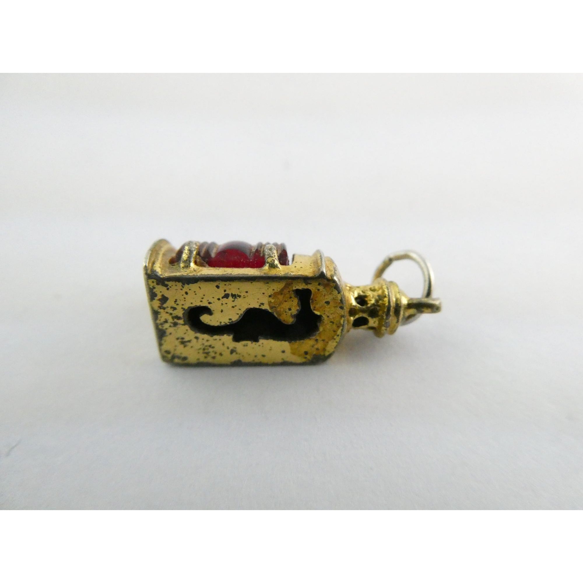 Vtg Beau Gilt Sterling Silver Red Glass Nautical Lantern Charm Seahorse Pendant