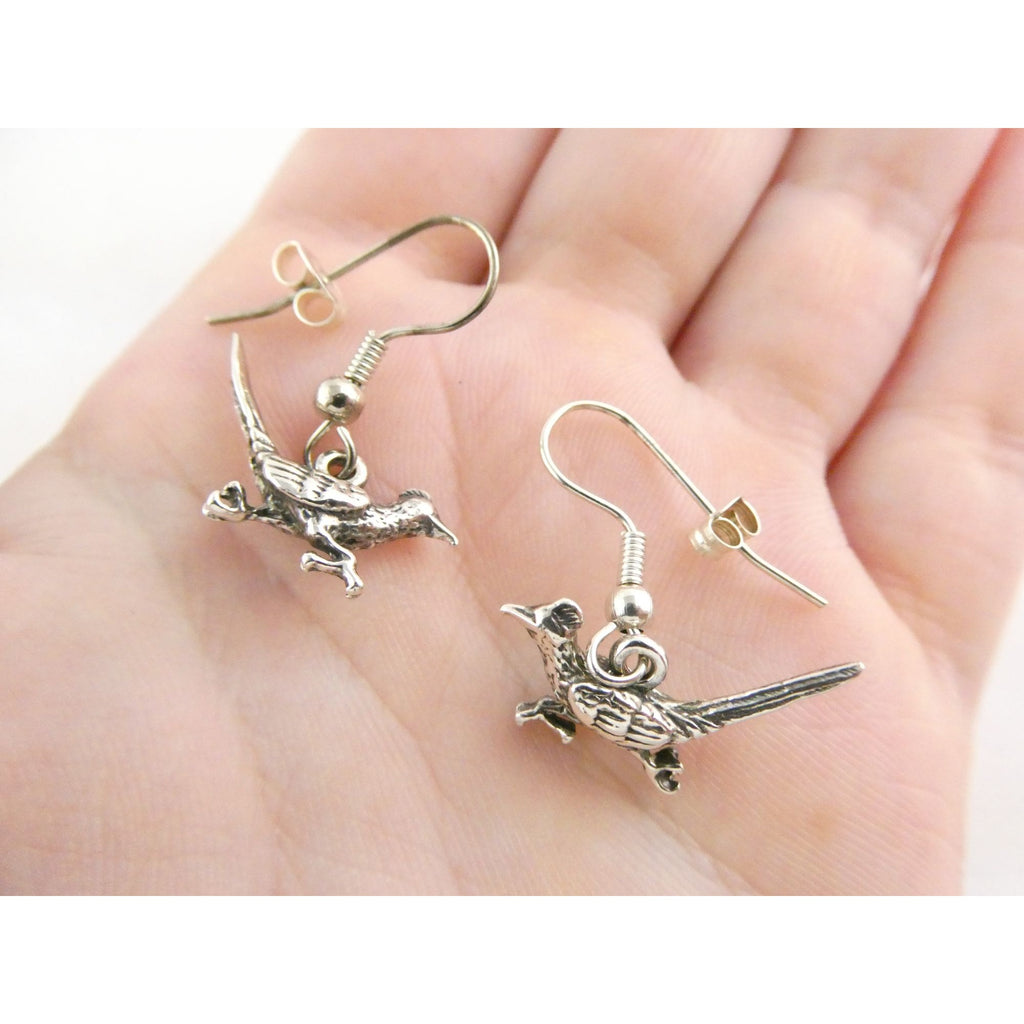 Southwestern Sterling Silver Roadrunner Bird Hook Earrings 925 3.6g 1 Inch