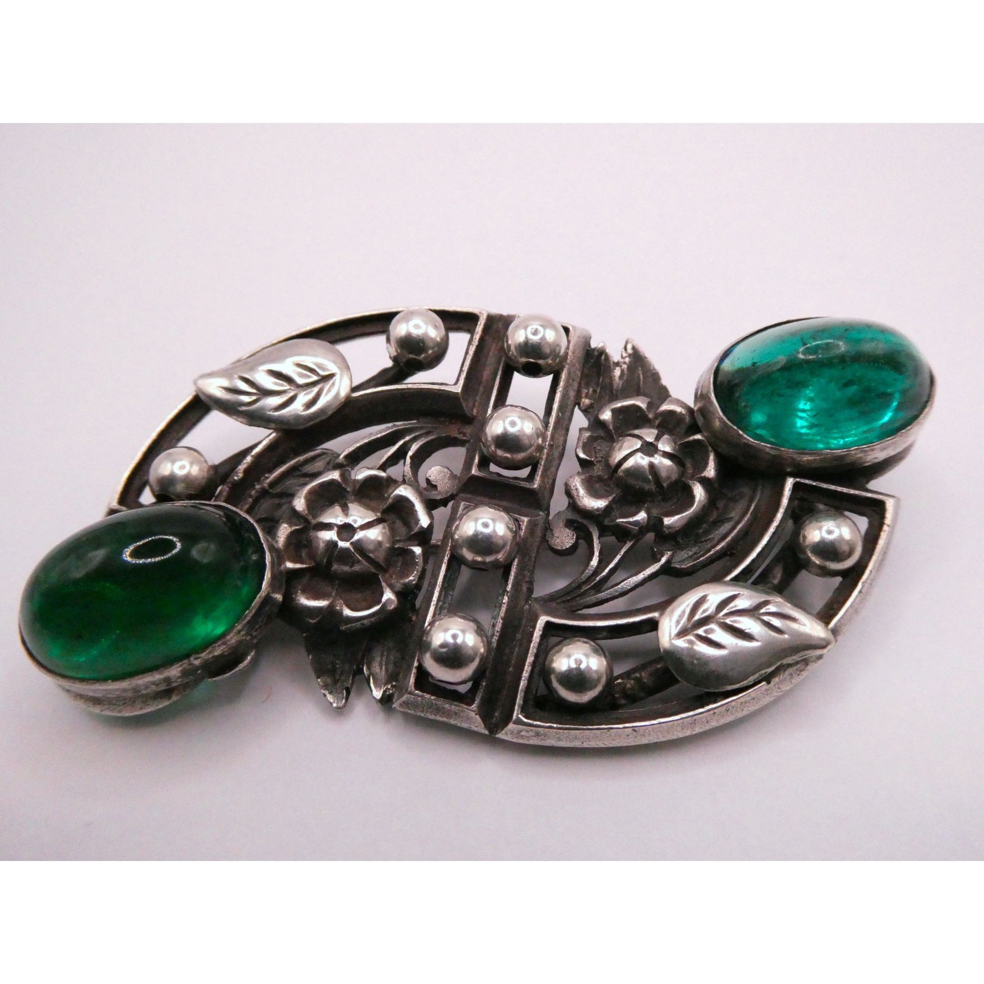 Antique German Sterling Silver Green Gripoix Glass Floral Design Pin Brooch 30g