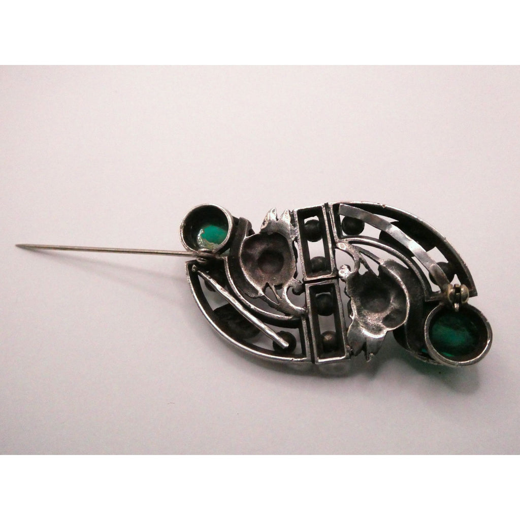 Antique German Sterling Silver Green Gripoix Glass Floral Design Pin Brooch 30g