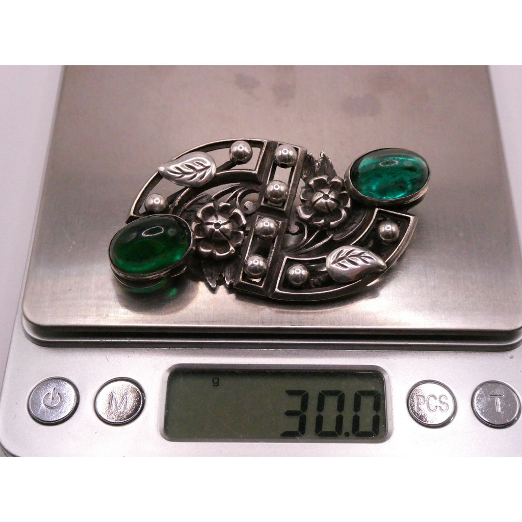 Antique German Sterling Silver Green Gripoix Glass Floral Design Pin Brooch 30g