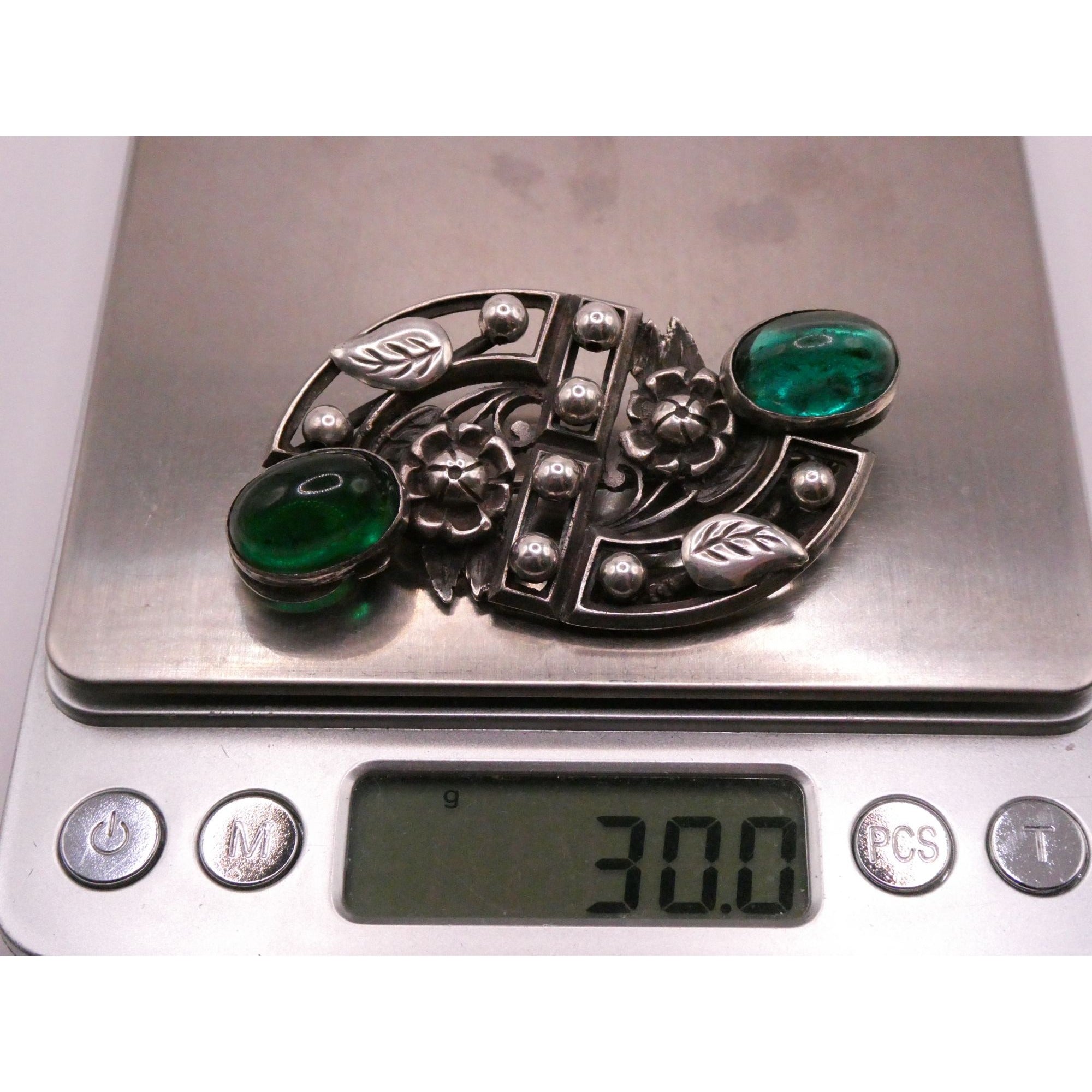 Antique German Sterling Silver Green Gripoix Glass Floral Design Pin Brooch 30g