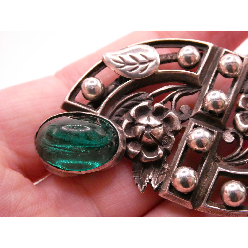 Antique German Sterling Silver Green Gripoix Glass Floral Design Pin Brooch 30g