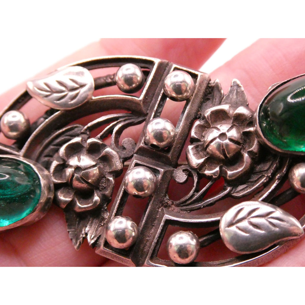 Antique German Sterling Silver Green Gripoix Glass Floral Design Pin Brooch 30g