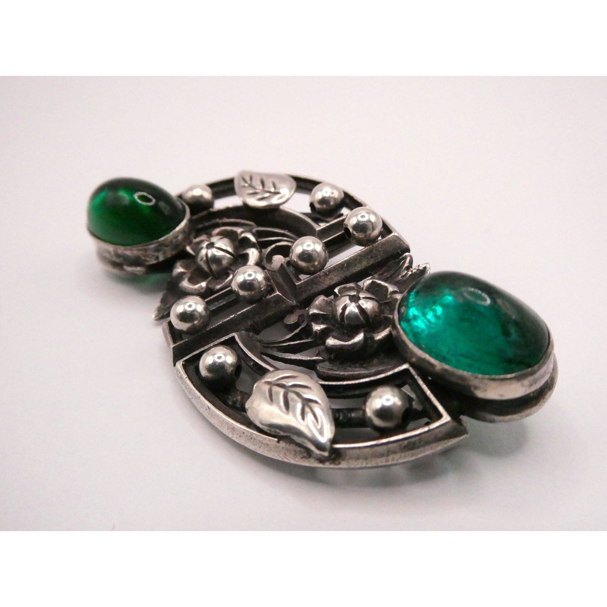 Antique German Sterling Silver Green Gripoix Glass Floral Design Pin Brooch 30g