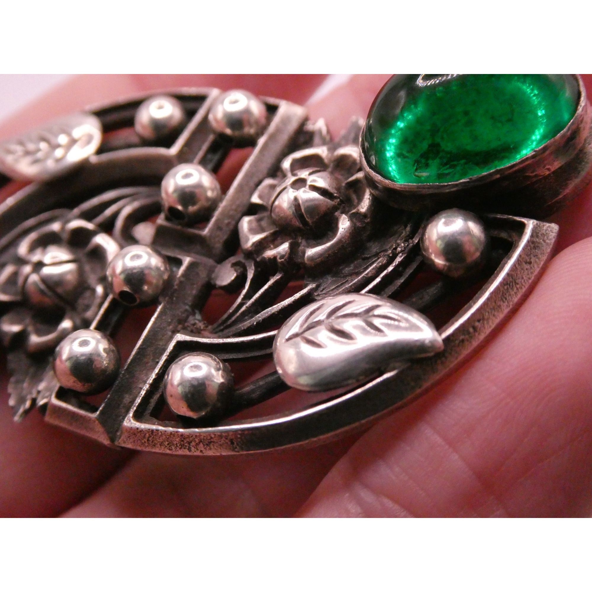 Antique German Sterling Silver Green Gripoix Glass Floral Design Pin Brooch 30g