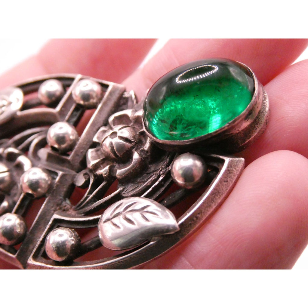 Antique German Sterling Silver Green Gripoix Glass Floral Design Pin Brooch 30g