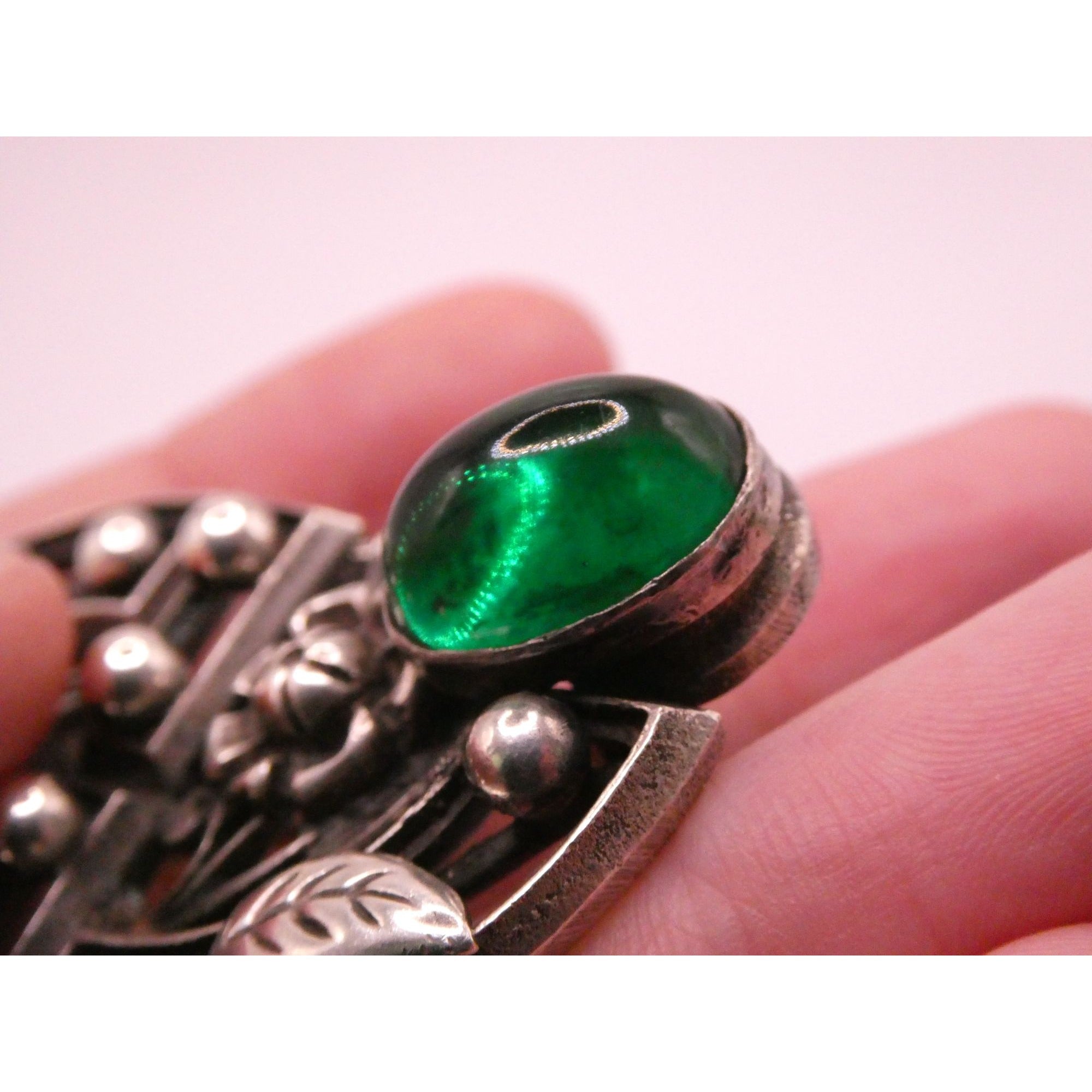 Antique German Sterling Silver Green Gripoix Glass Floral Design Pin Brooch 30g