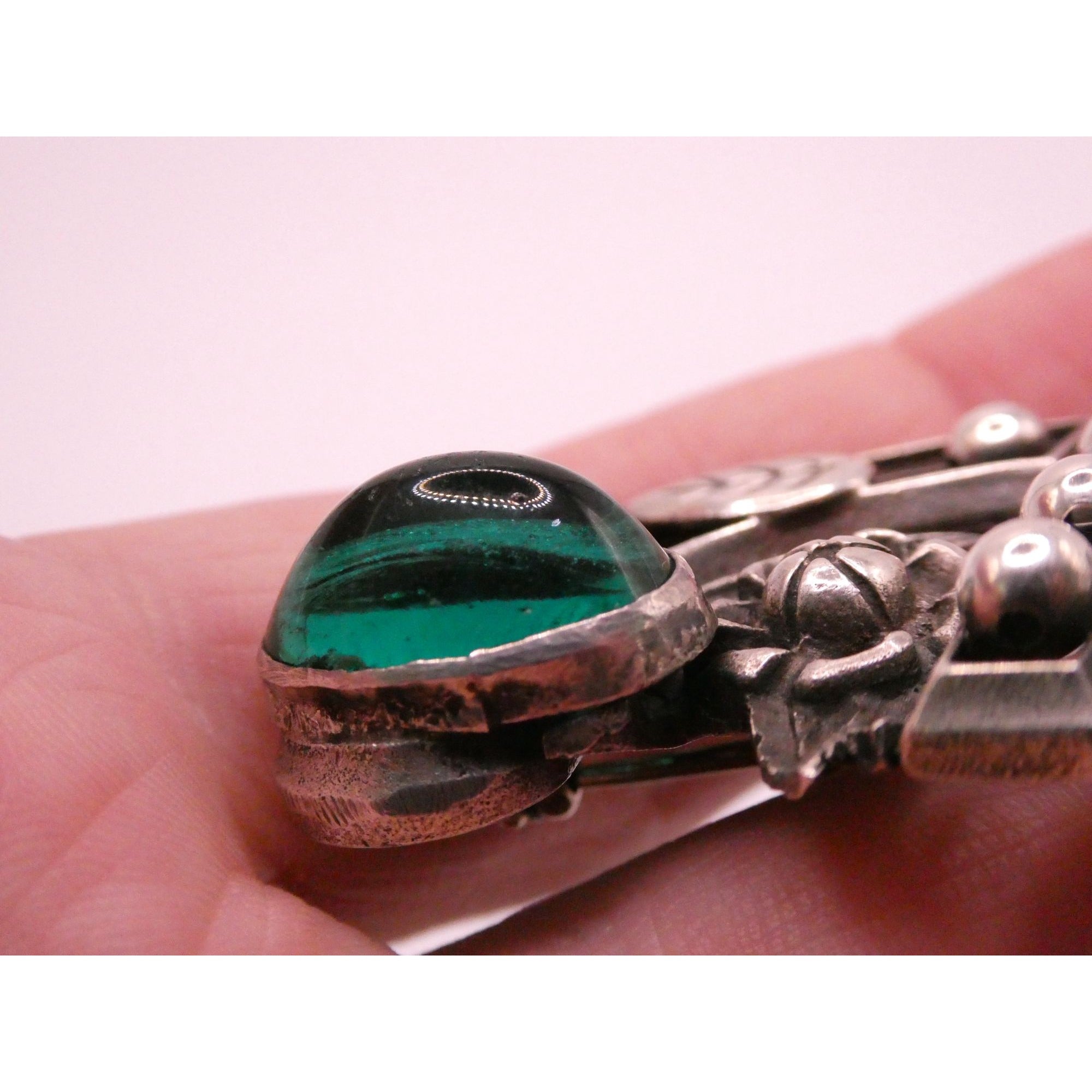 Antique German Sterling Silver Green Gripoix Glass Floral Design Pin Brooch 30g