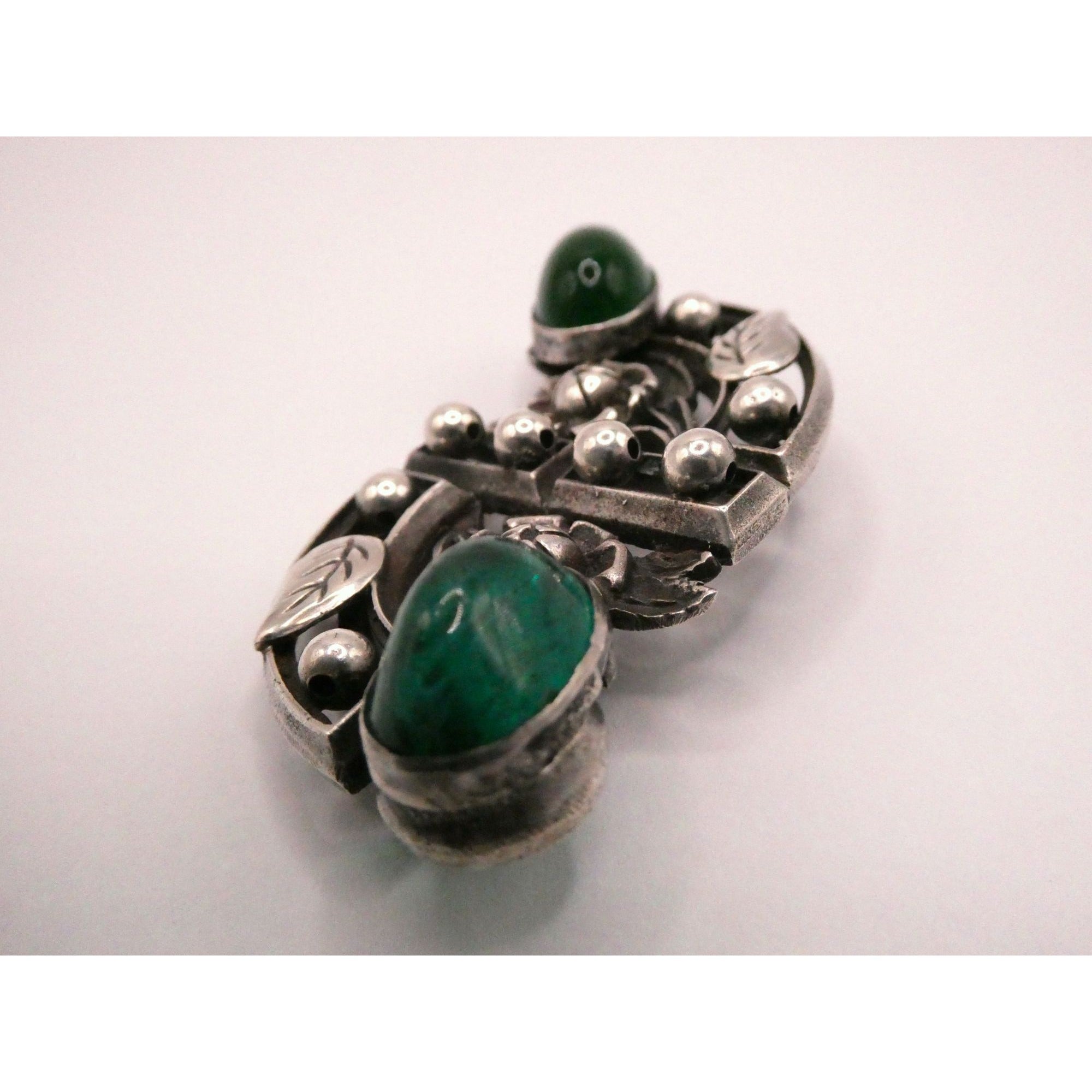Antique German Sterling Silver Green Gripoix Glass Floral Design Pin Brooch 30g