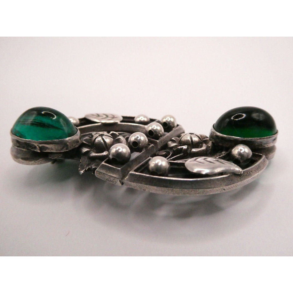 Antique German Sterling Silver Green Gripoix Glass Floral Design Pin Brooch 30g