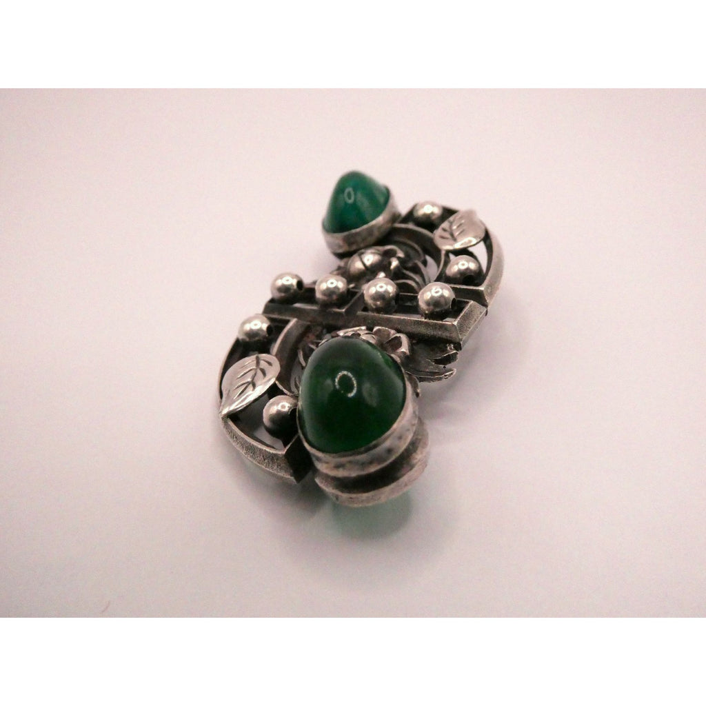 Antique German Sterling Silver Green Gripoix Glass Floral Design Pin Brooch 30g