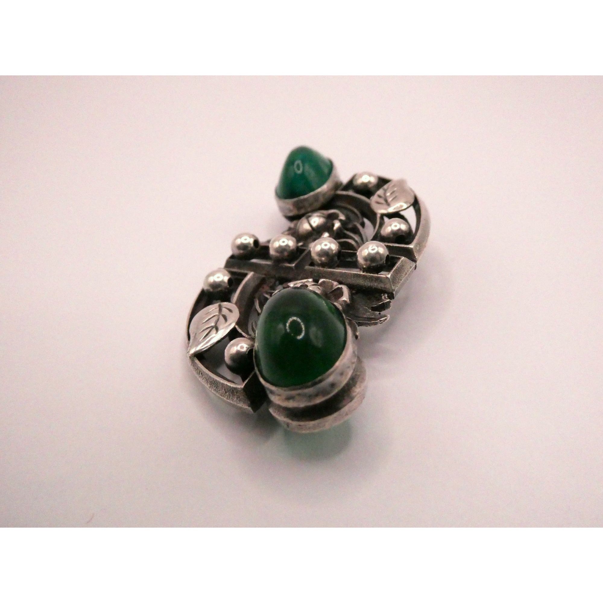 Antique German Sterling Silver Green Gripoix Glass Floral Design Pin Brooch 30g