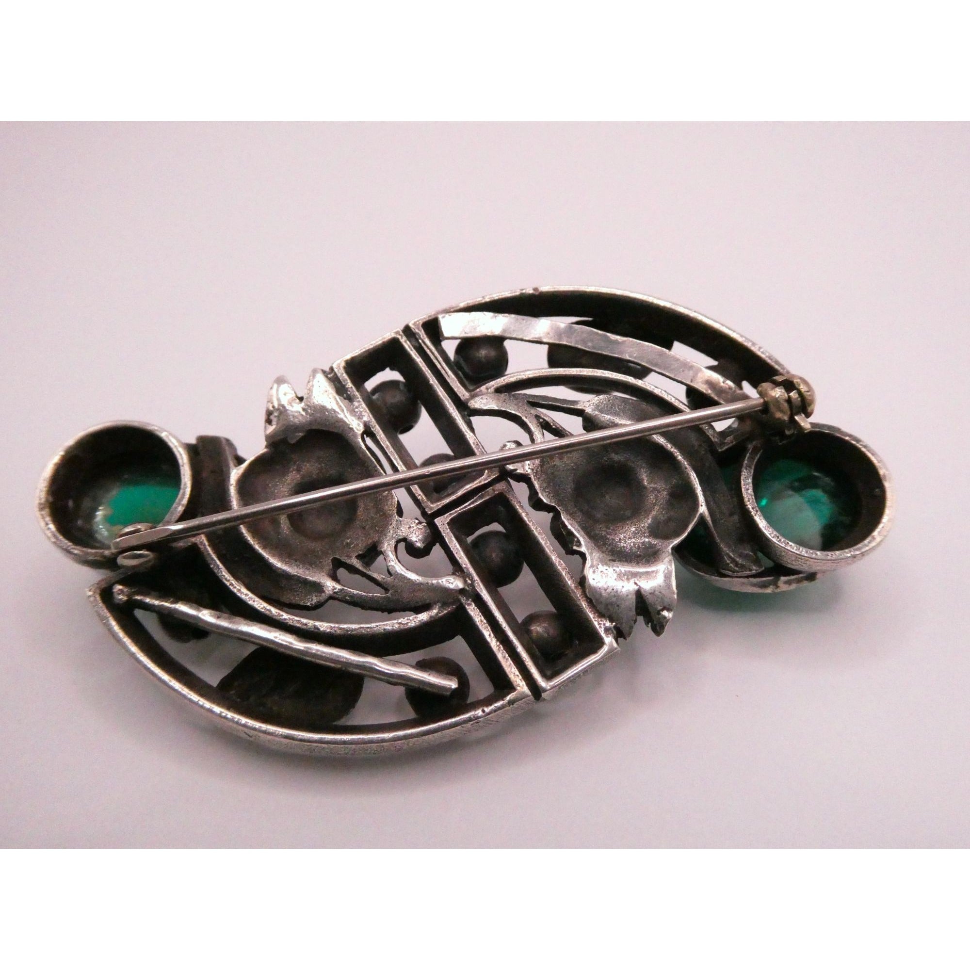 Antique German Sterling Silver Green Gripoix Glass Floral Design Pin Brooch 30g