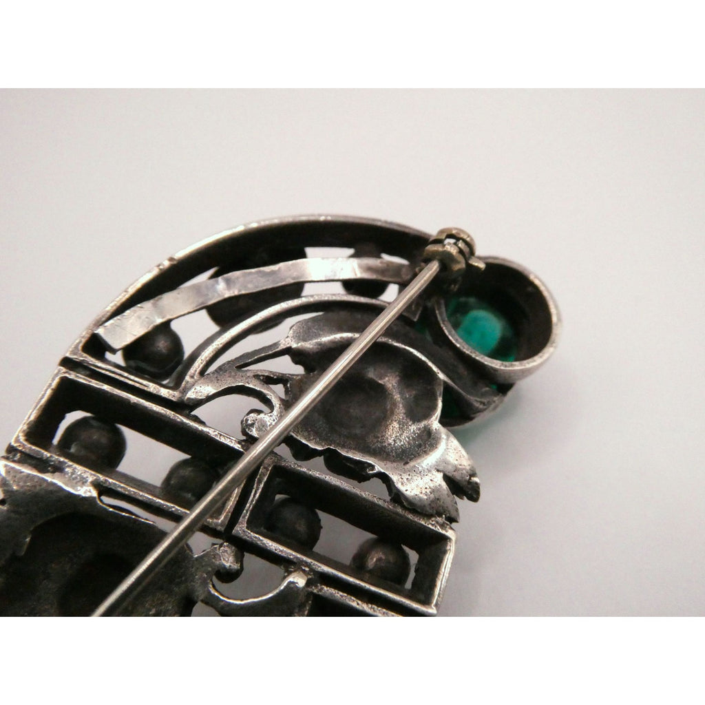Antique German Sterling Silver Green Gripoix Glass Floral Design Pin Brooch 30g