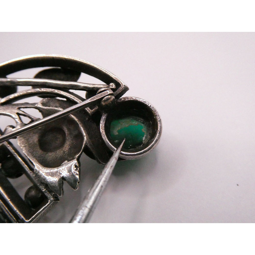 Antique German Sterling Silver Green Gripoix Glass Floral Design Pin Brooch 30g