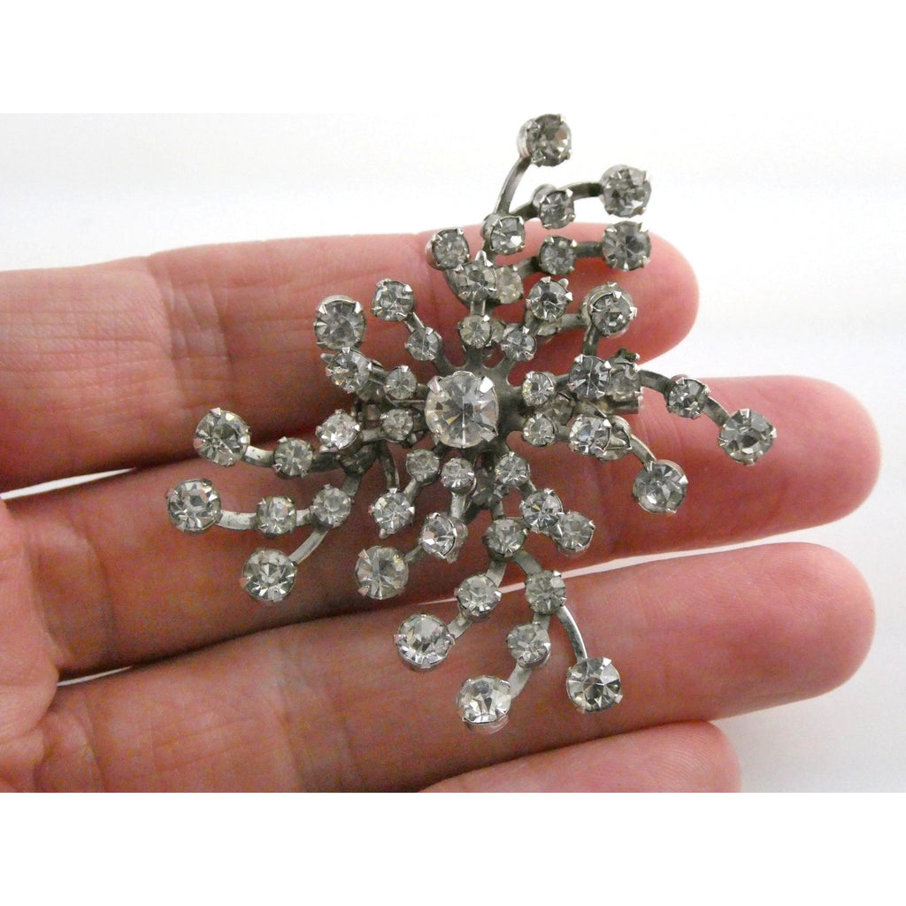 Vintage Unsigned Silver Tone Metal White Rhinestone Cluster Pin Brooch 12g 52mm
