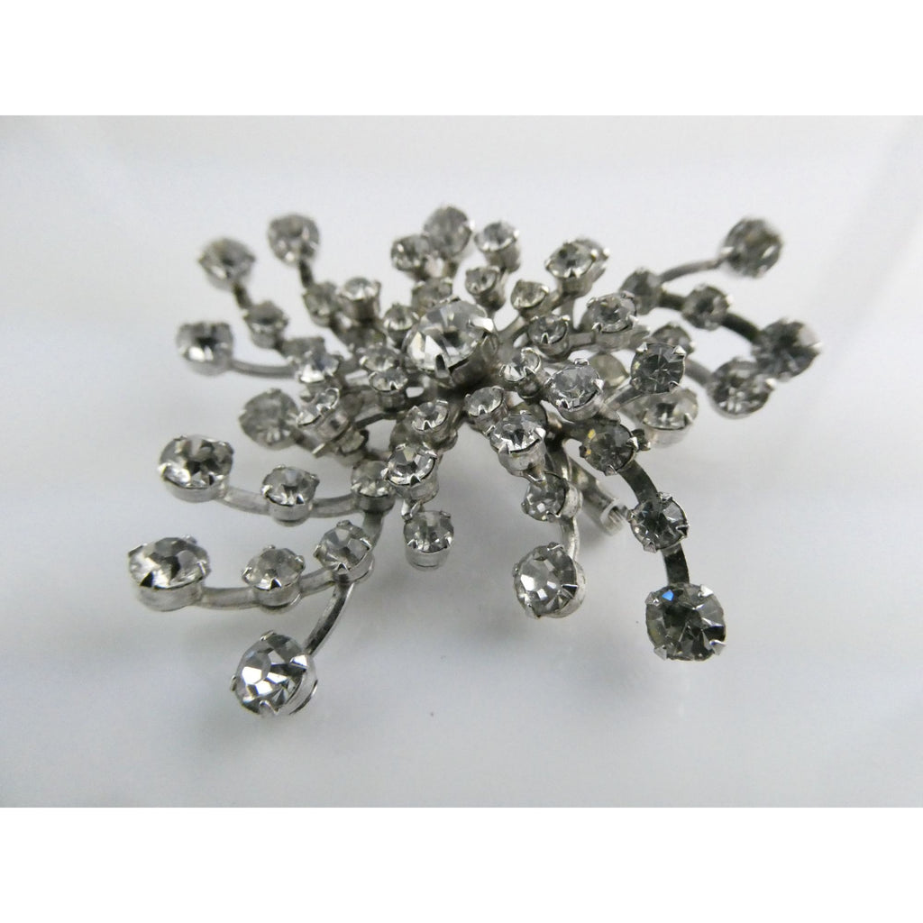 Vintage Unsigned Silver Tone Metal White Rhinestone Cluster Pin Brooch 12g 52mm