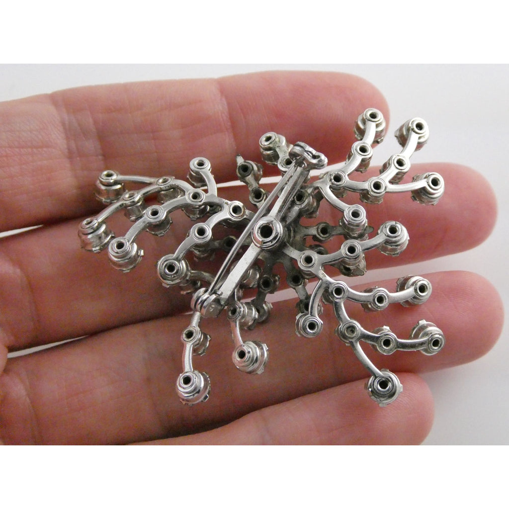 Vintage Unsigned Silver Tone Metal White Rhinestone Cluster Pin Brooch 12g 52mm
