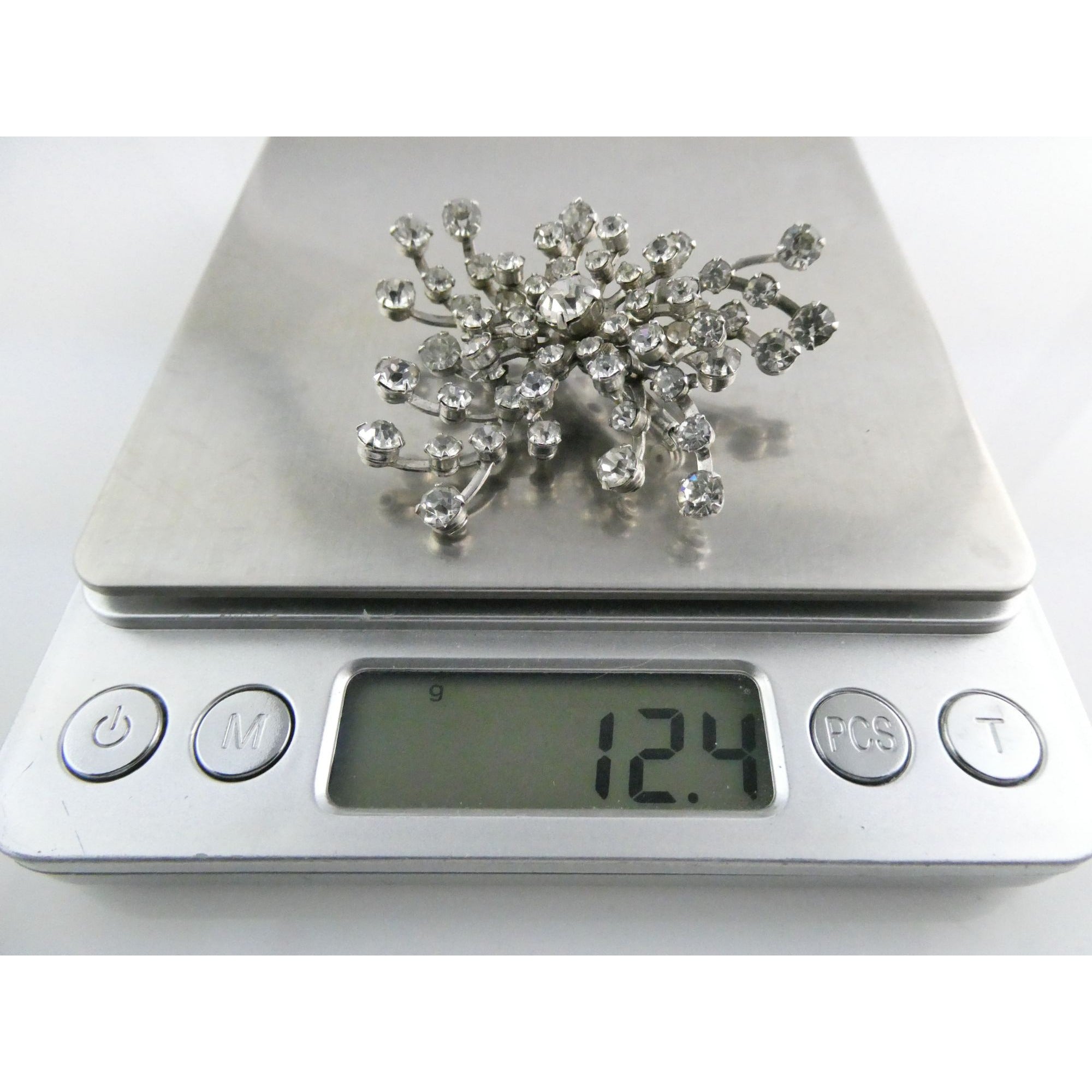 Vintage Unsigned Silver Tone Metal White Rhinestone Cluster Pin Brooch 12g 52mm