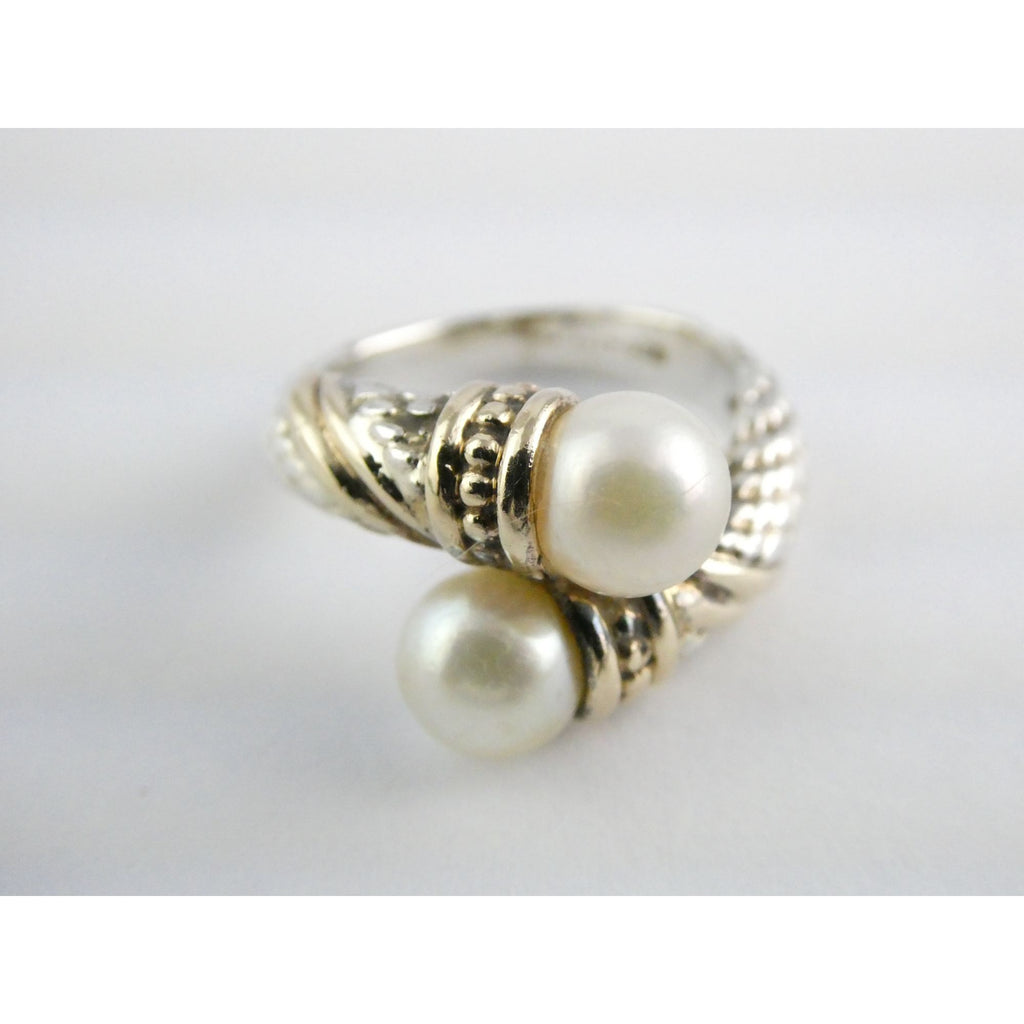 Designer Sterling Silver and 14k Gold Cultured Pearl Bypass Ring Size 5 6.9g
