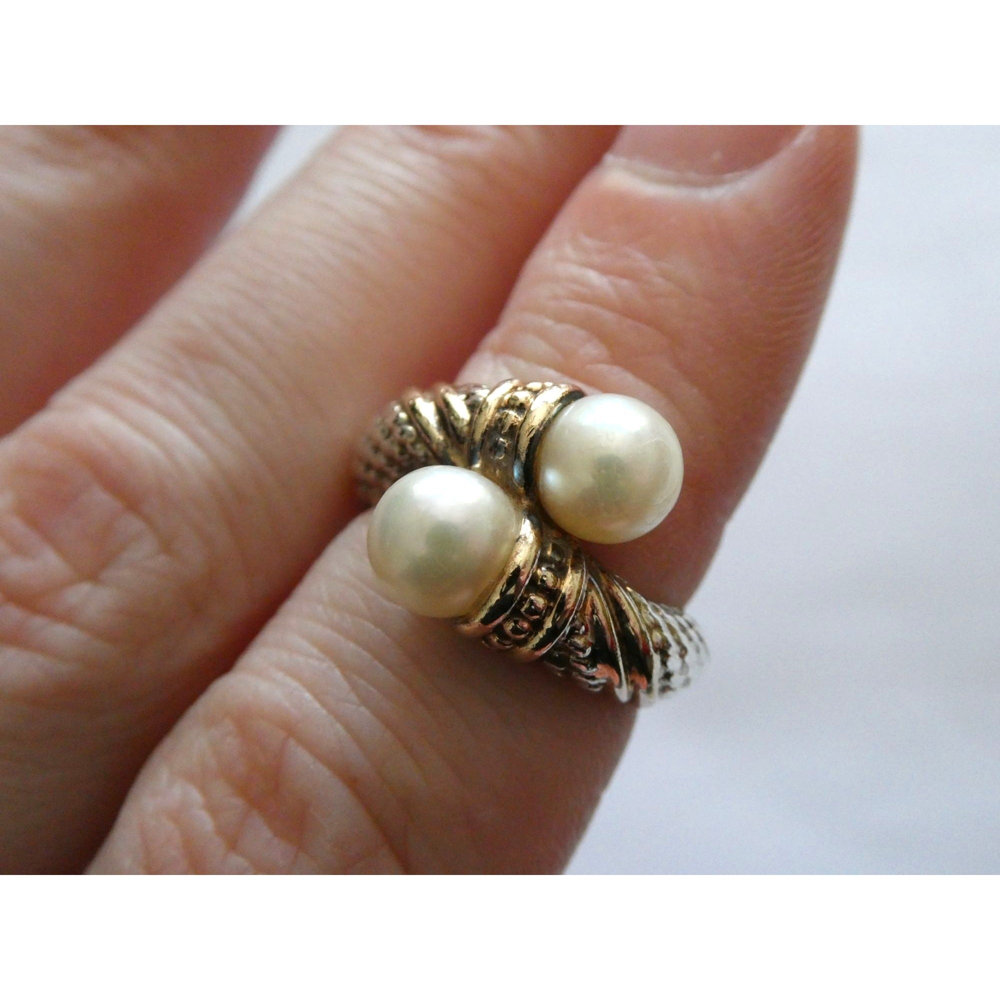Designer Sterling Silver and 14k Gold Cultured Pearl Bypass Ring Size 5 6.9g