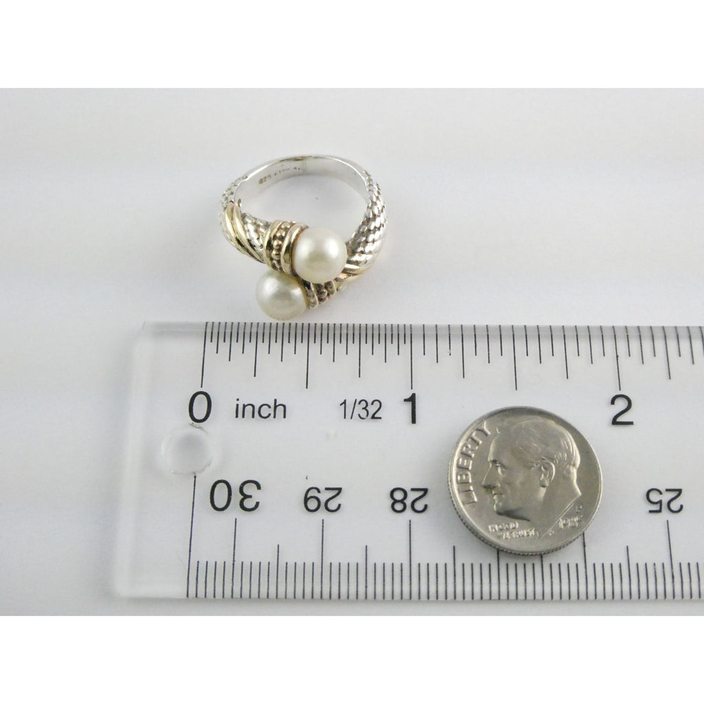 Designer Sterling Silver and 14k Gold Cultured Pearl Bypass Ring Size 5 6.9g