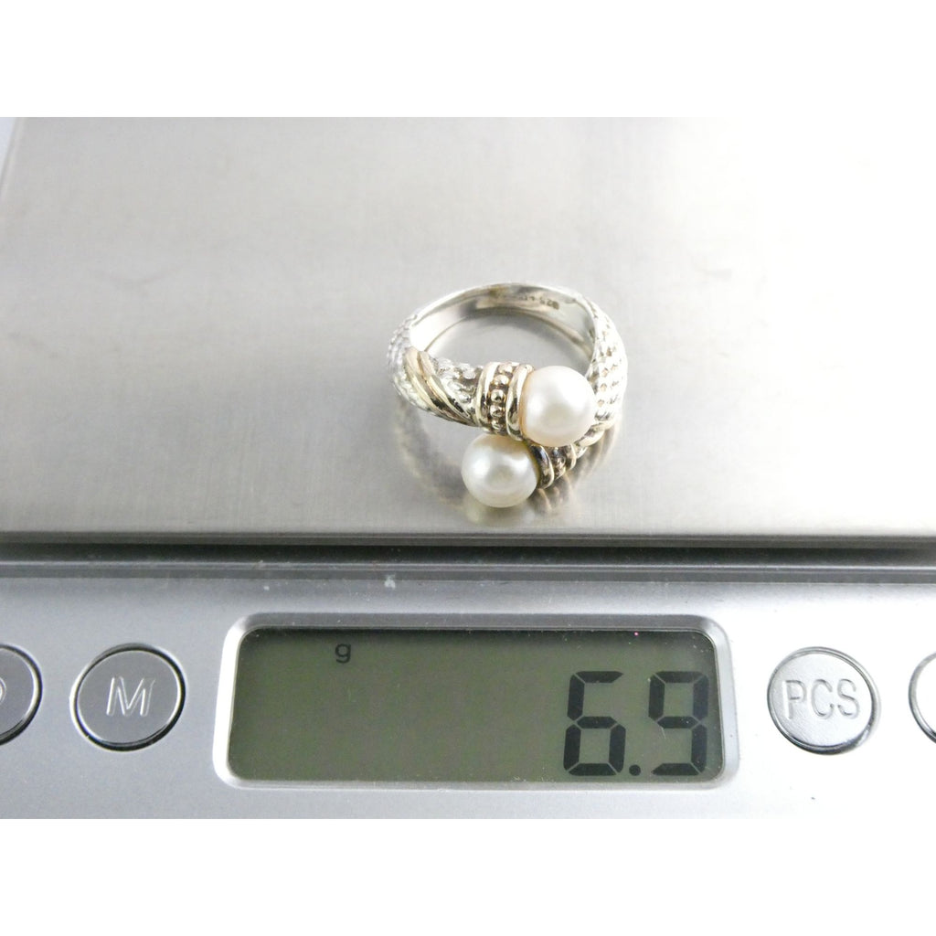 Designer Sterling Silver and 14k Gold Cultured Pearl Bypass Ring Size 5 6.9g
