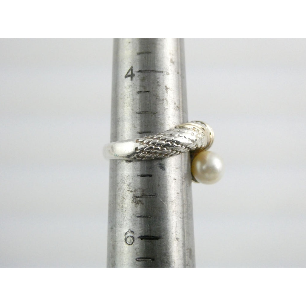 Designer Sterling Silver and 14k Gold Cultured Pearl Bypass Ring Size 5 6.9g