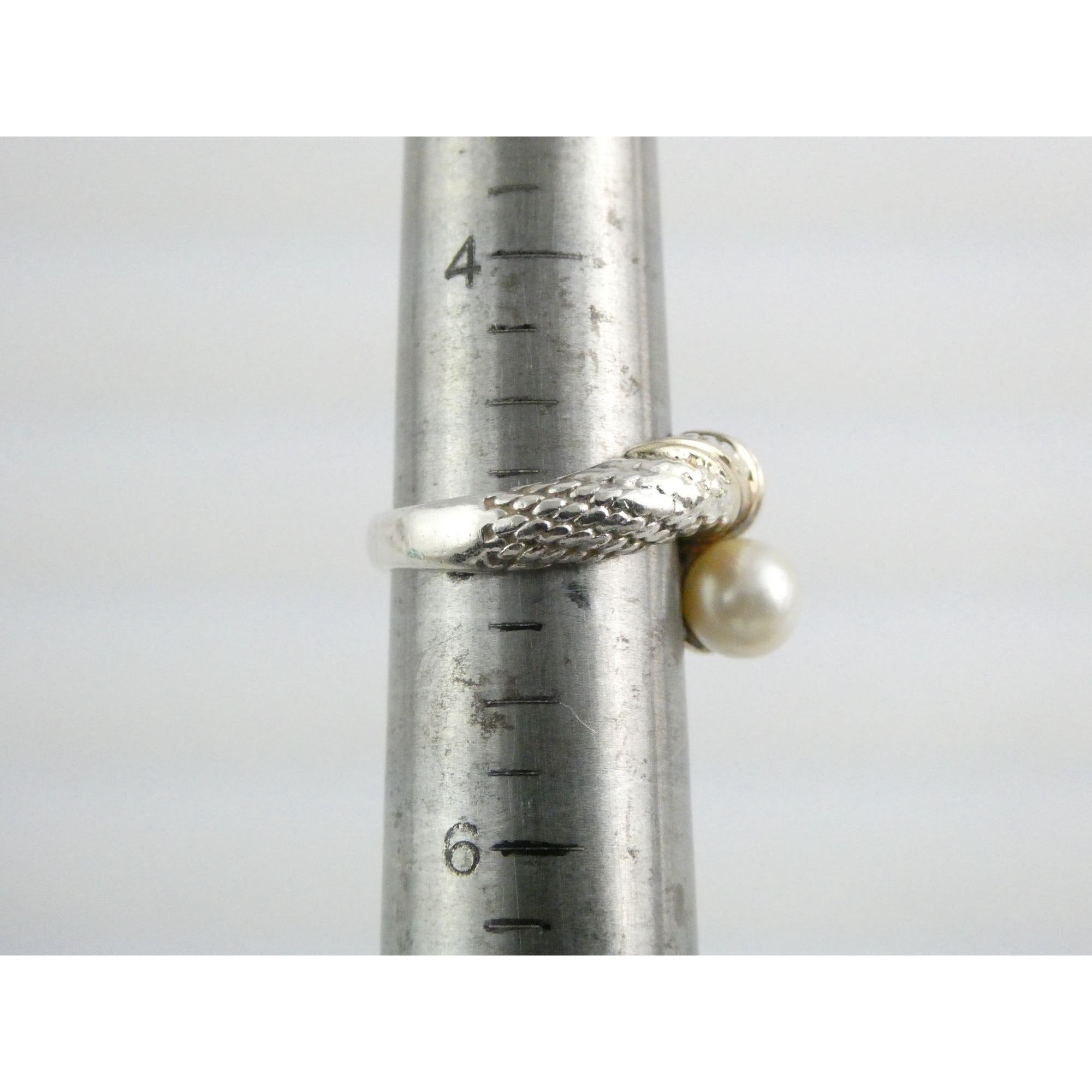 Designer Sterling Silver and 14k Gold Cultured Pearl Bypass Ring Size 5 6.9g