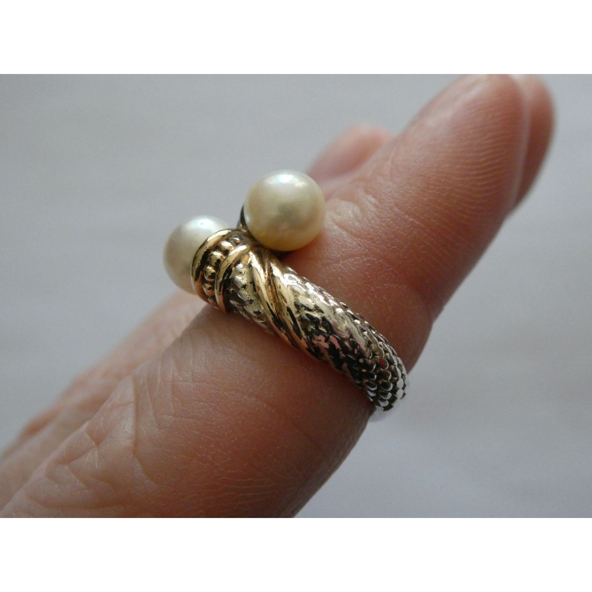 Designer Sterling Silver and 14k Gold Cultured Pearl Bypass Ring Size 5 6.9g