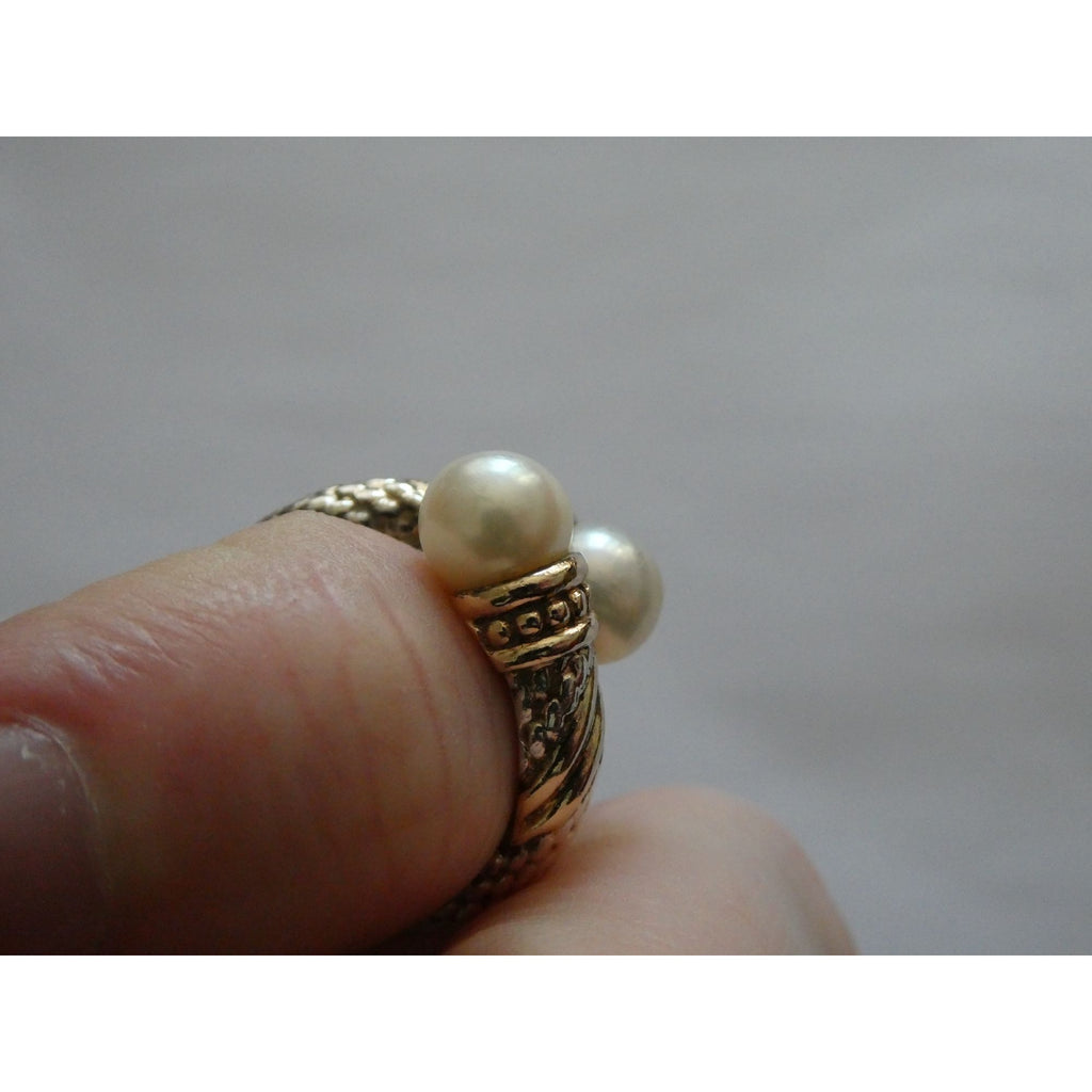 Designer Sterling Silver and 14k Gold Cultured Pearl Bypass Ring Size 5 6.9g