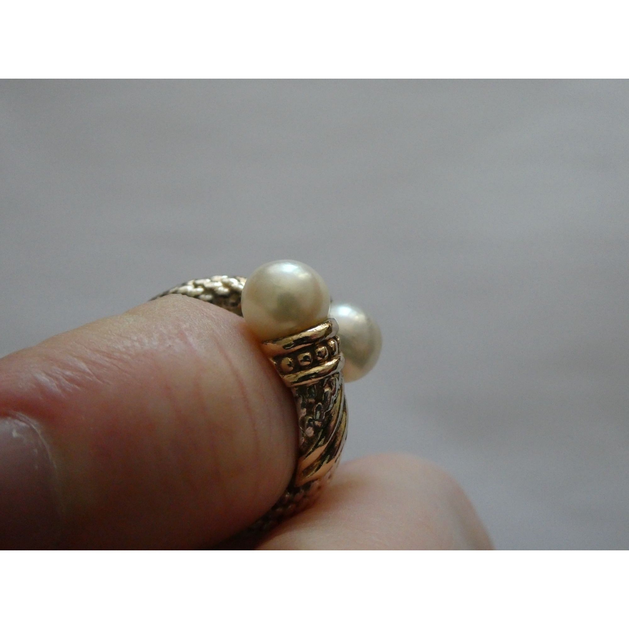Designer Sterling Silver and 14k Gold Cultured Pearl Bypass Ring Size 5 6.9g